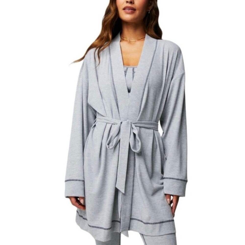 NEW Fabletics Size S Waffle Knit Robe Light Grey Gray Loungewear